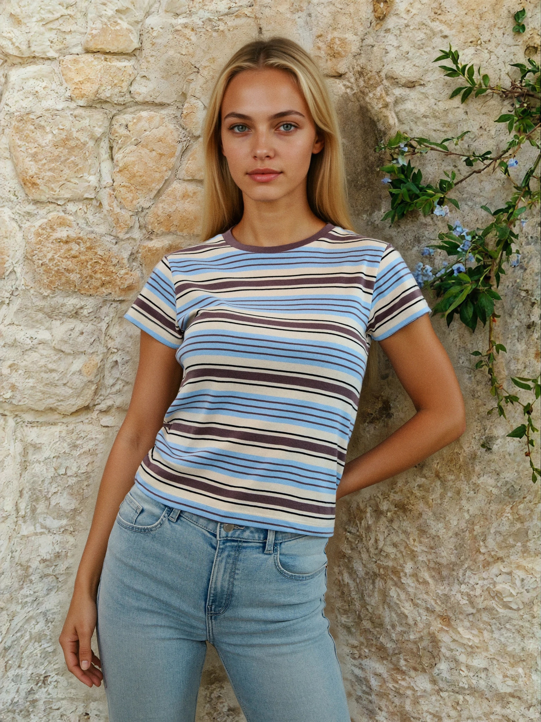 Sinsay - Bawełniana koszulka w paski - brązowy