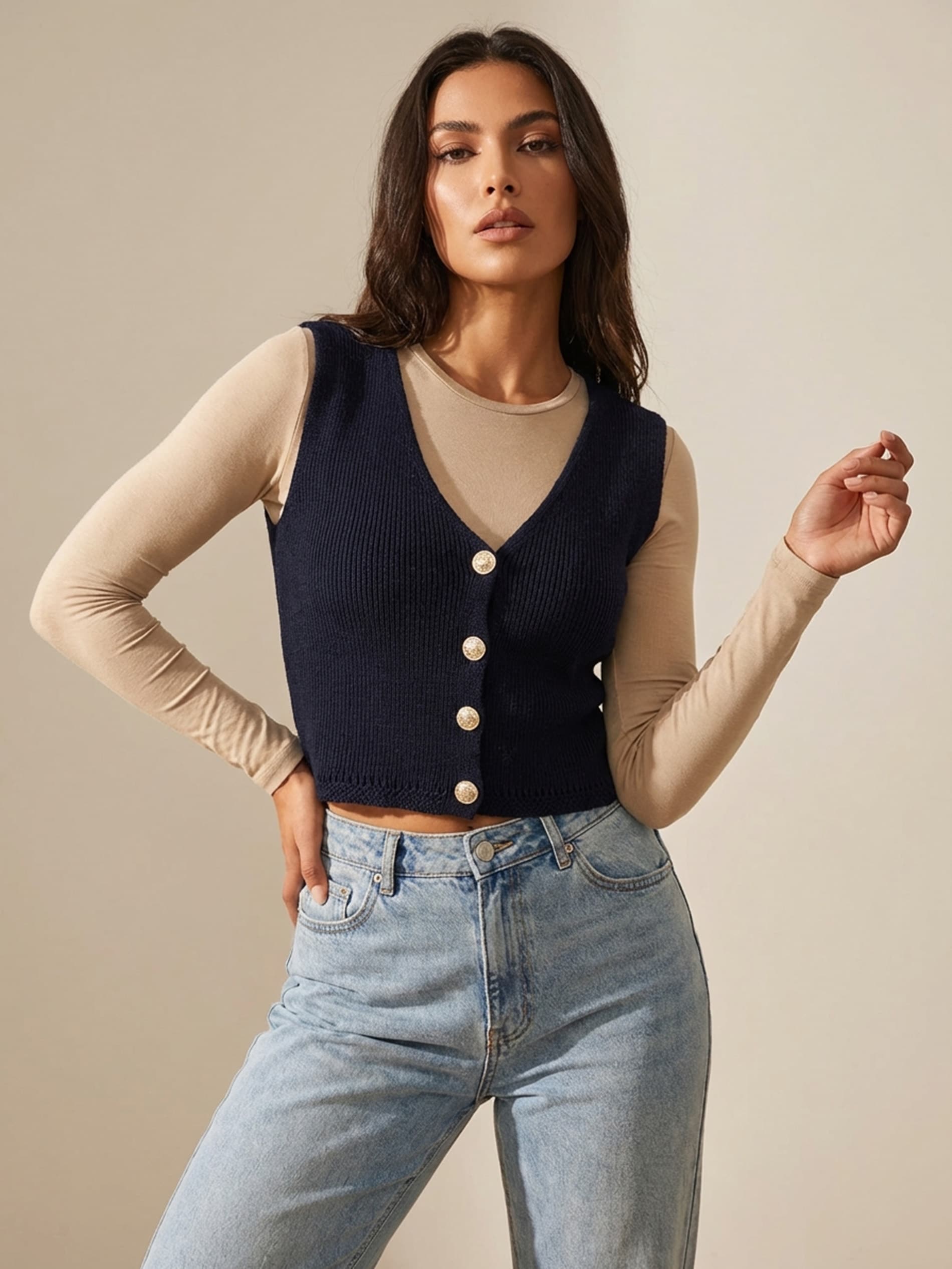 Sinsay - Bawełniana kamizelka z ozdobnymi guzikami - granatowy