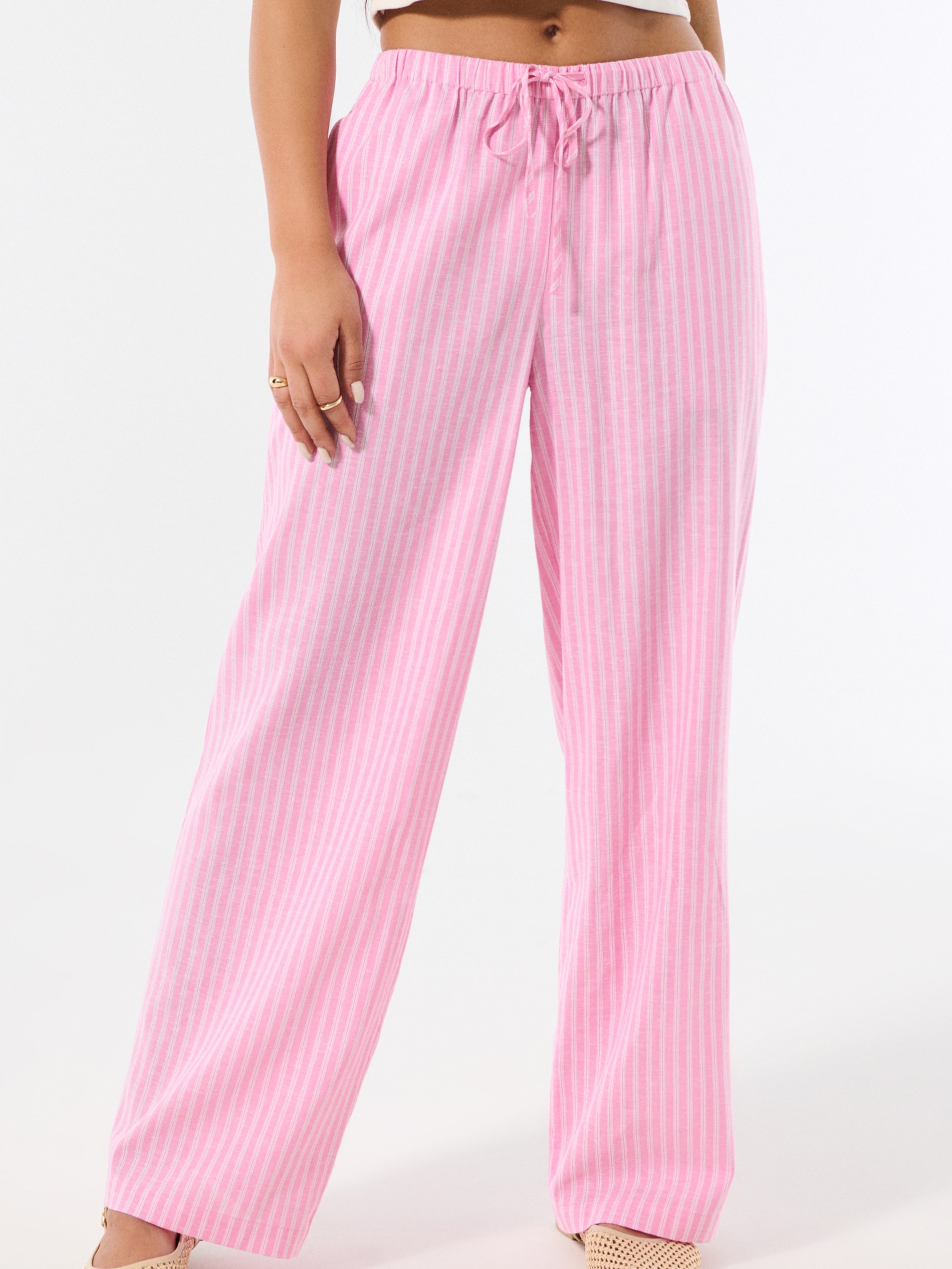 Sinsay - Bawełniane spodnie wide leg w paski - różowy