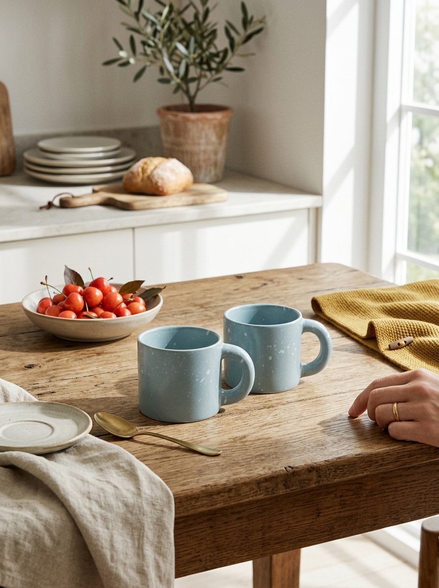 Niebieskie nowoczesne ceramiczne okrągłe kubki 2-pack - stylowa zastawa stołowa do kuchni i jadalni