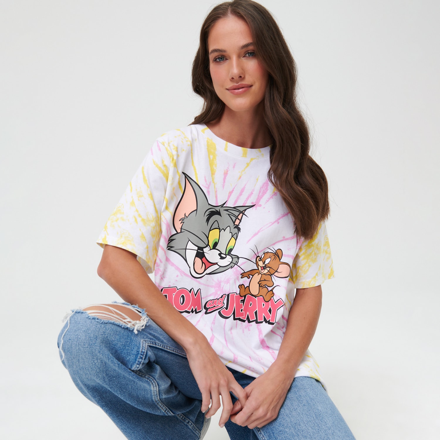Sinsay - Tricou Tom & Jerry cu efect tie-dye - Bej