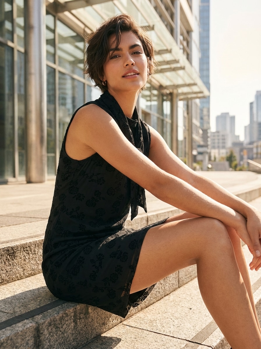 Sinsay - Sukienka mini z półgolfem i materiałowym szalem - czarny