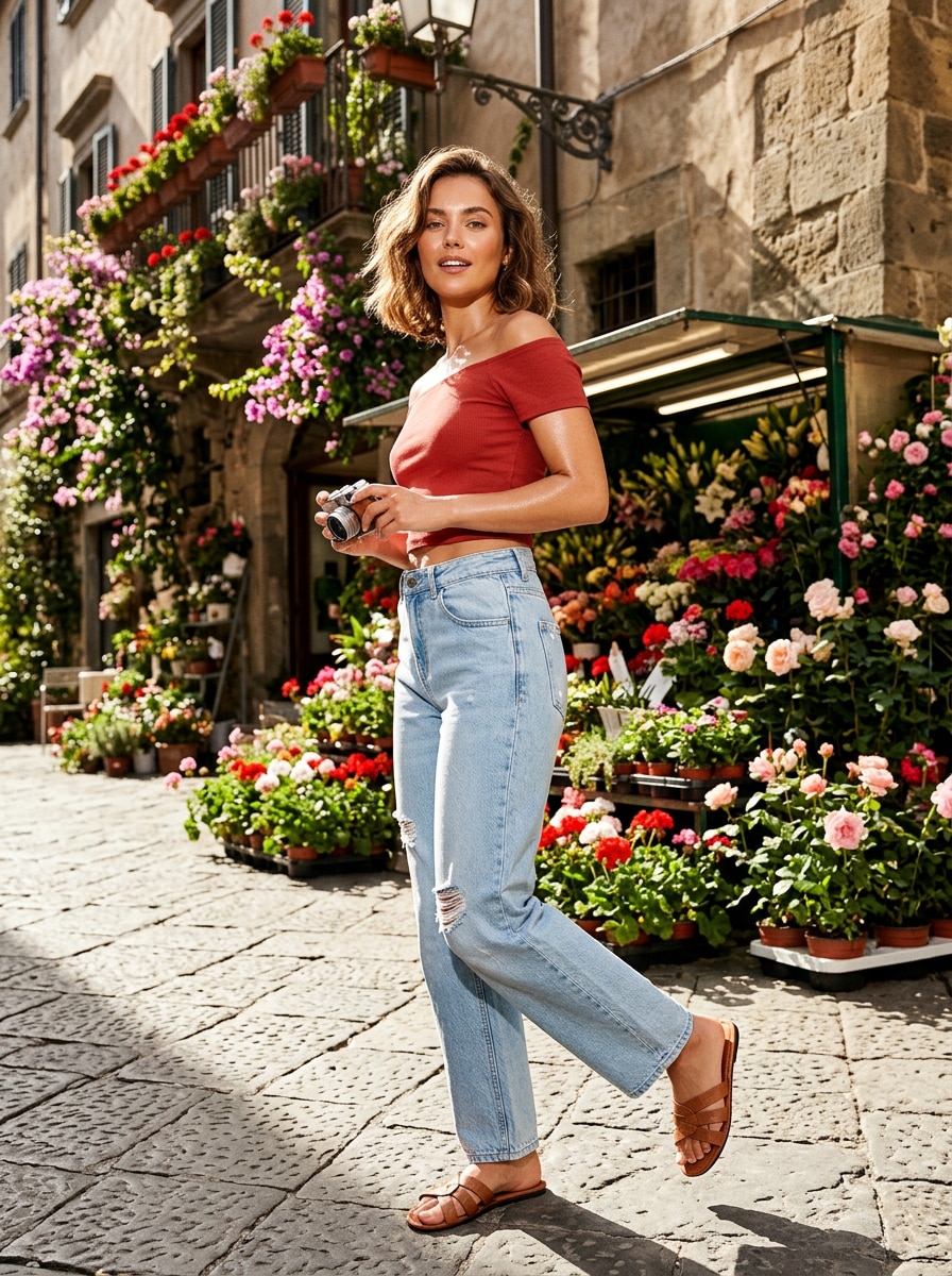 Czerwona Koszulka Crop Top z Krótkim Rękawem na Co Dzień