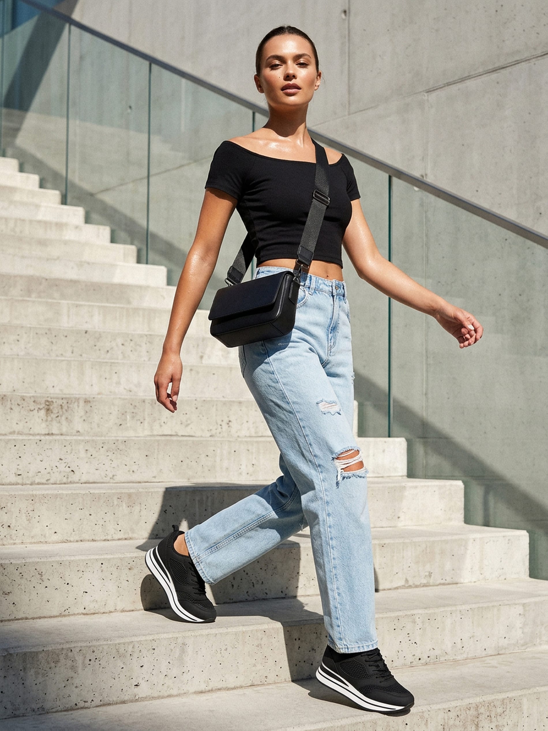 Czarny Crop Top z Krótkim Rękawem na Co Dzień