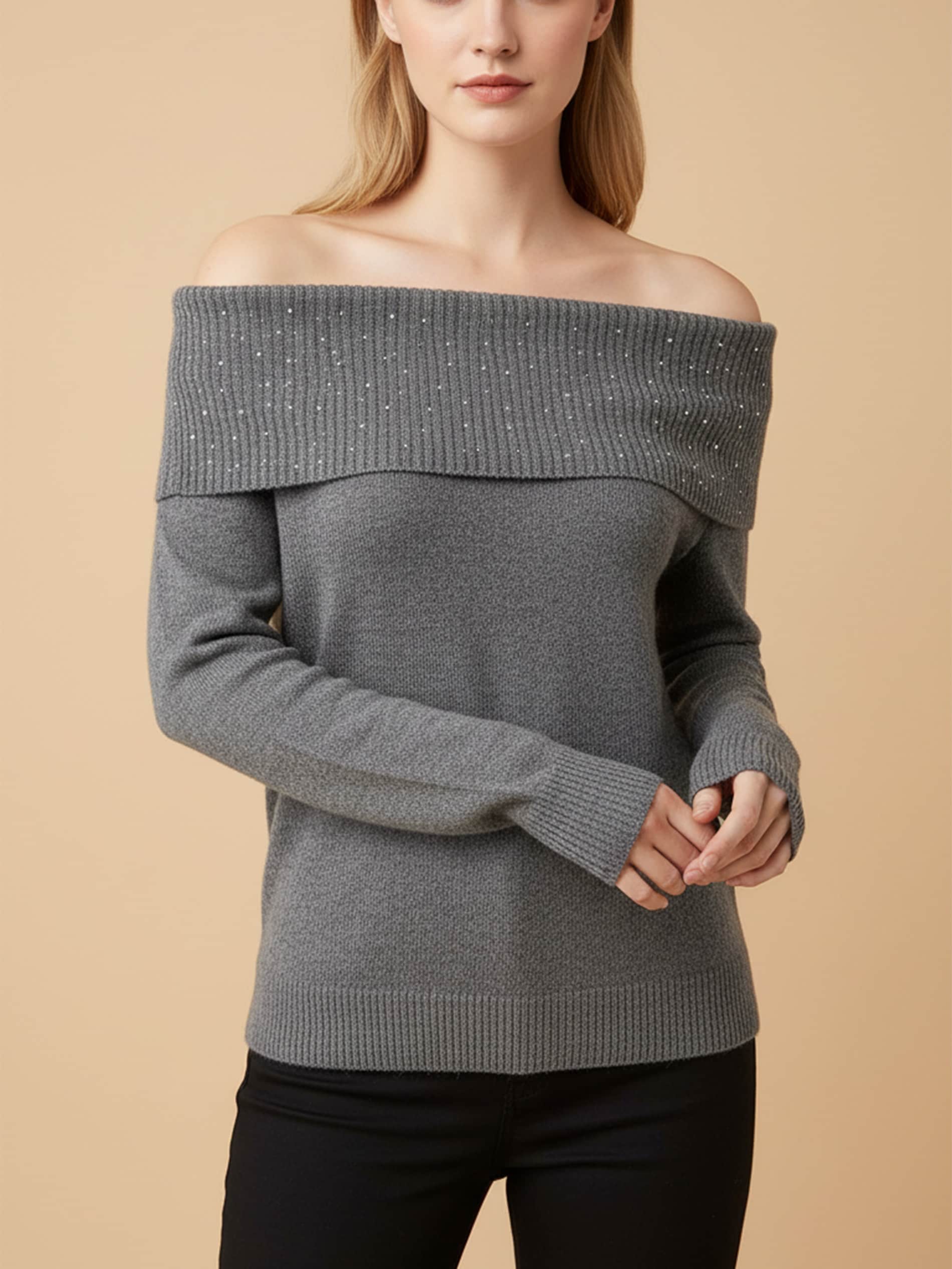 Sinsay - Sweter z dżetami i dekoltem typu łódka z domieszką wełny - szary