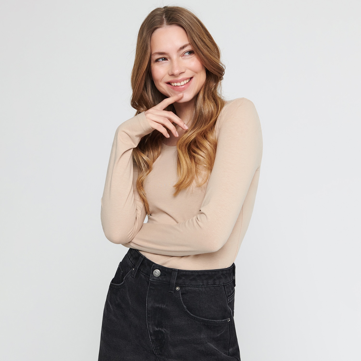 Sinsay - Tricou Basic Cu Maneca Lunga, Cu Continut Ridicat De Bumbac - Bej