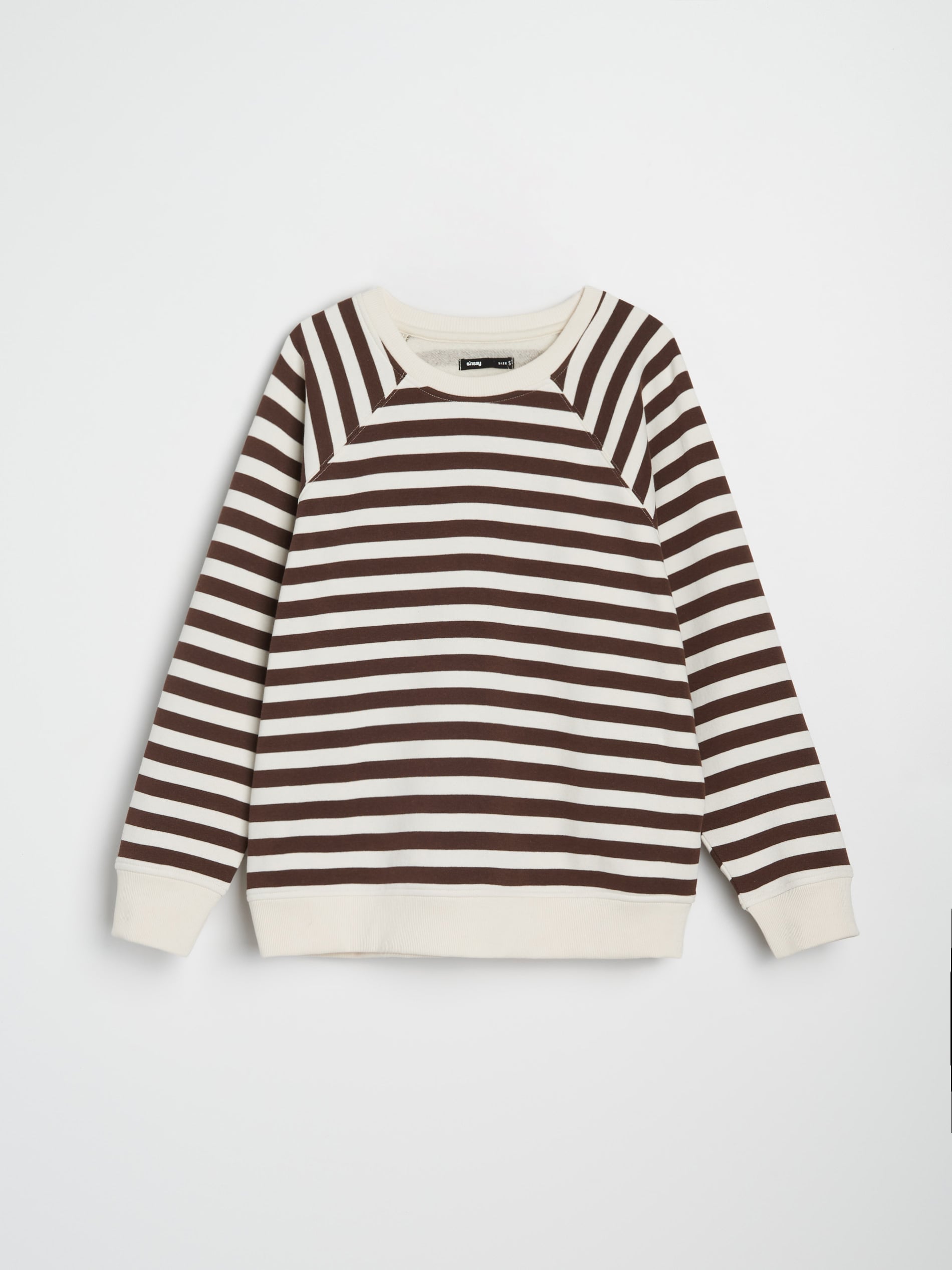 Bluza w paski crewneck w brązowym i kremowym kolorze - basic z długim rękawem na co dzień