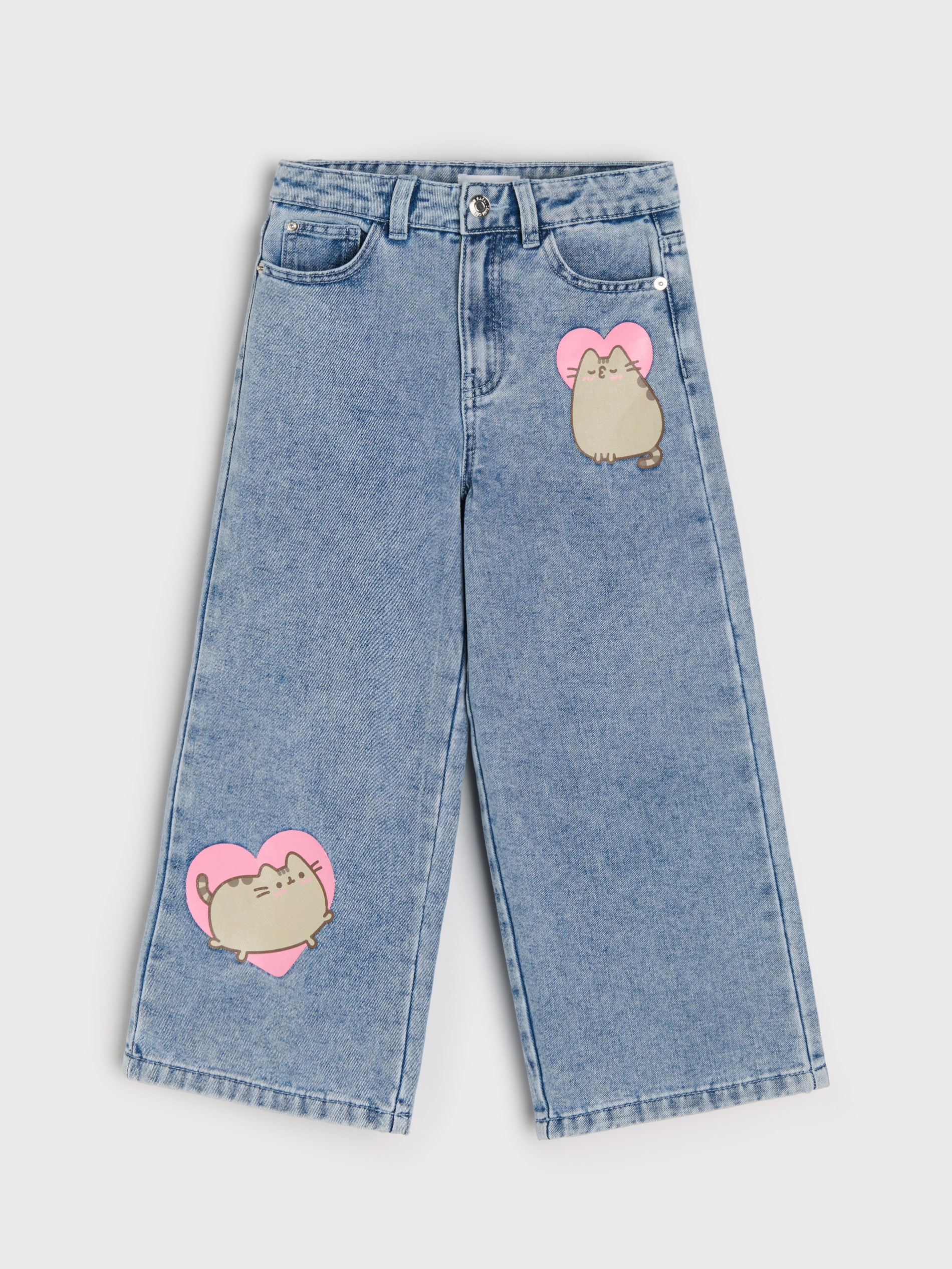 Sinsay - Jeansy wide leg z efektem sprania Pusheen the Cat - niebieski