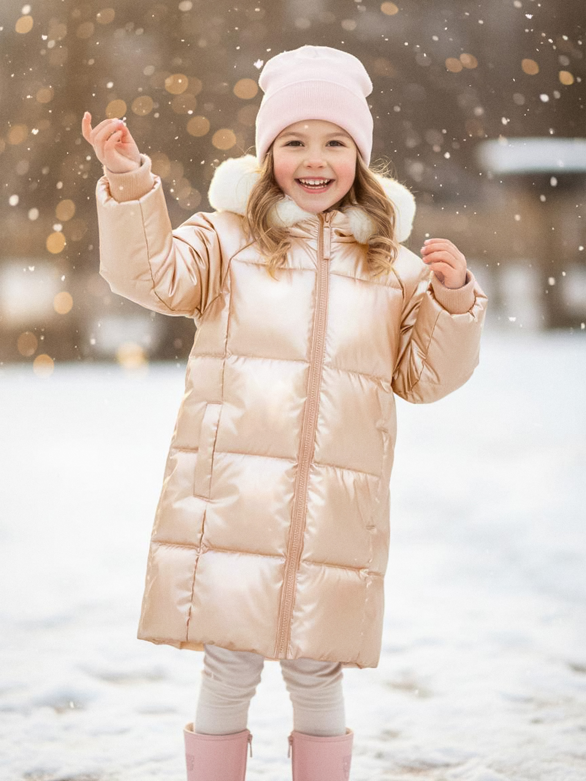 Sinsay - Καπιτονέ παλτό με κουκούλα και ψεύτικη γούνα - χρυσο φωτογραφία