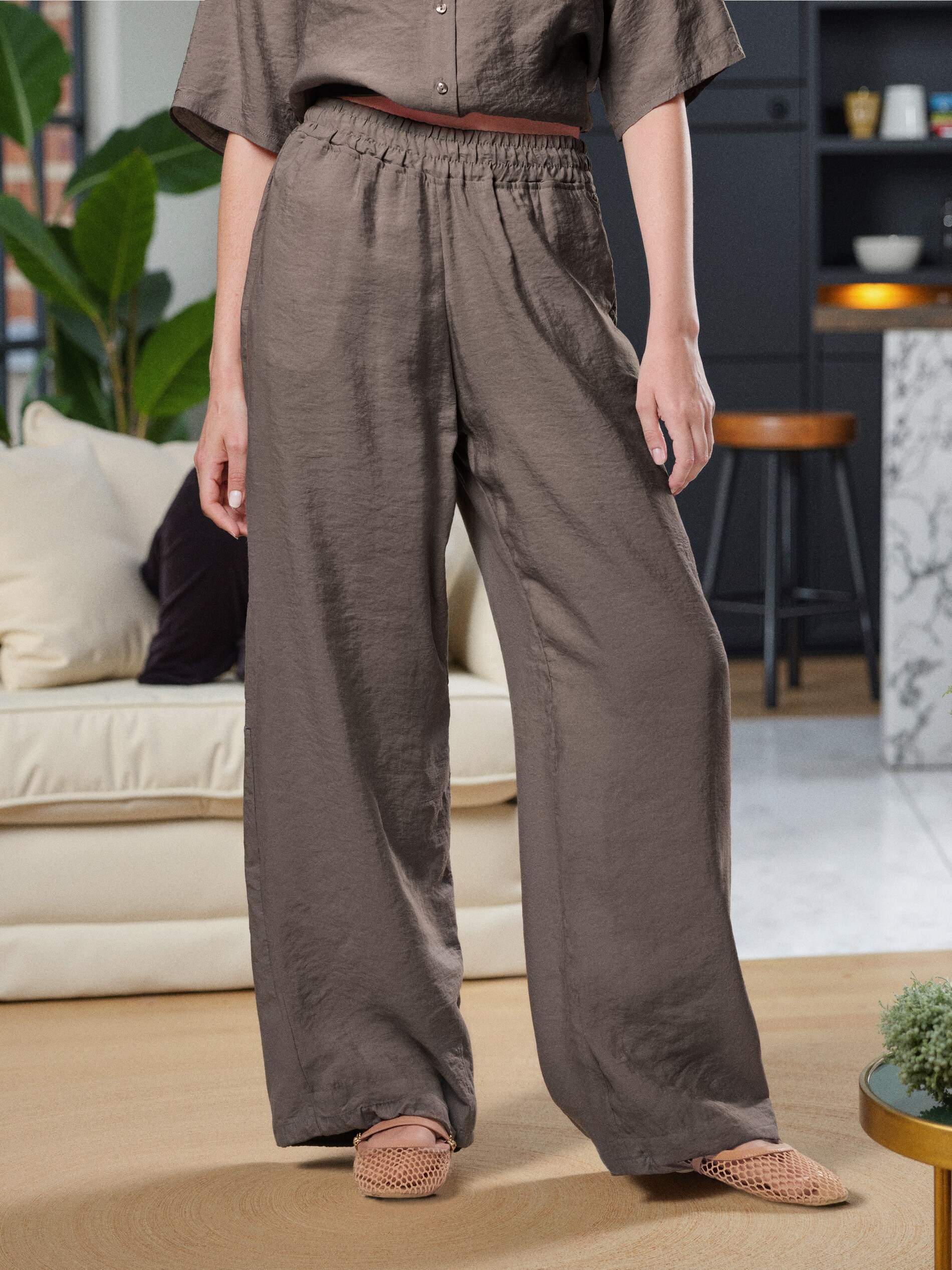 Sinsay - Spodnie wide leg z modalem - brązowy