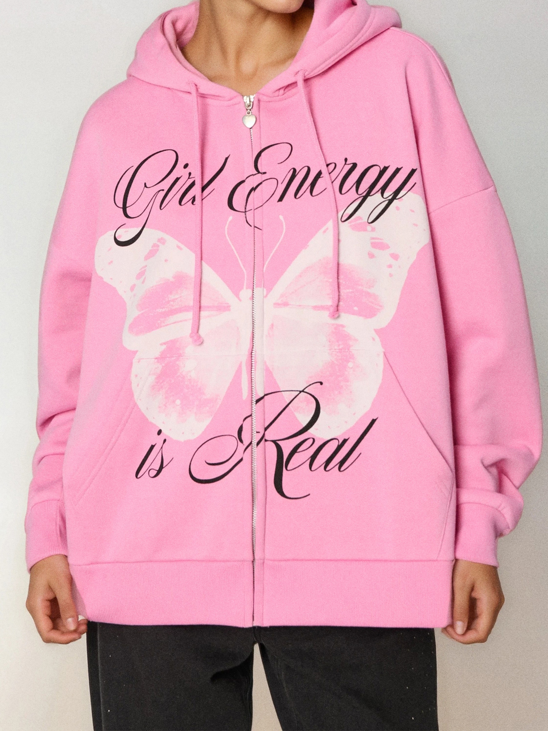 Sinsay - Bluza zip hoodie z nadrukiem - różowy