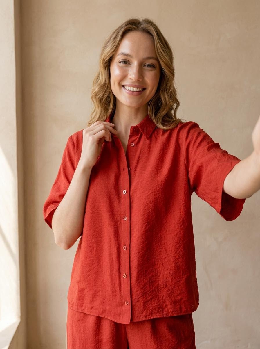 Sinsay - Koszula z krótkim rękawem i kołnierzykiem z modalem - czerwony