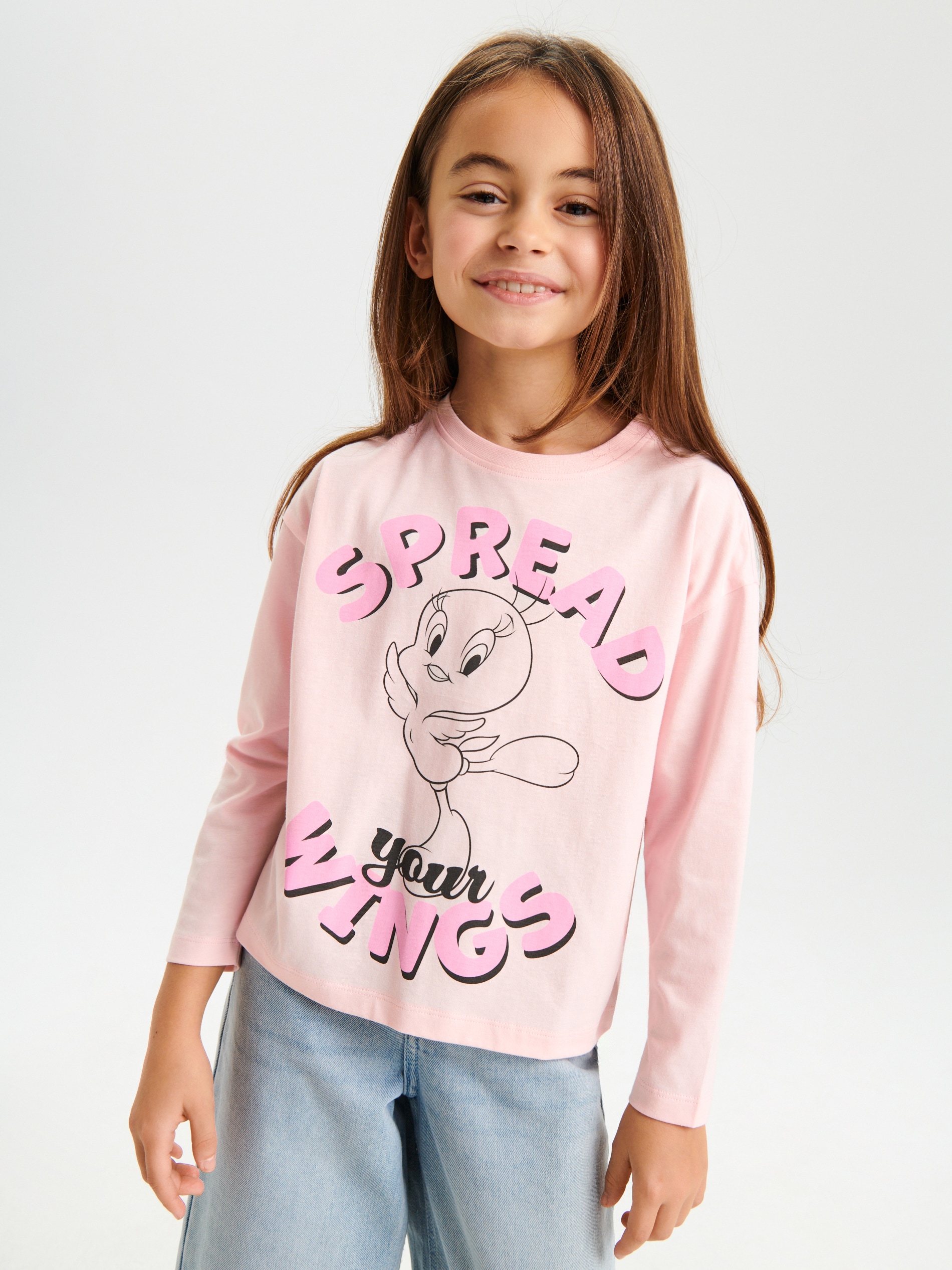 Sinsay - Tricou Looney Tunes Cu Mânecă Lungă - Roz-pastel