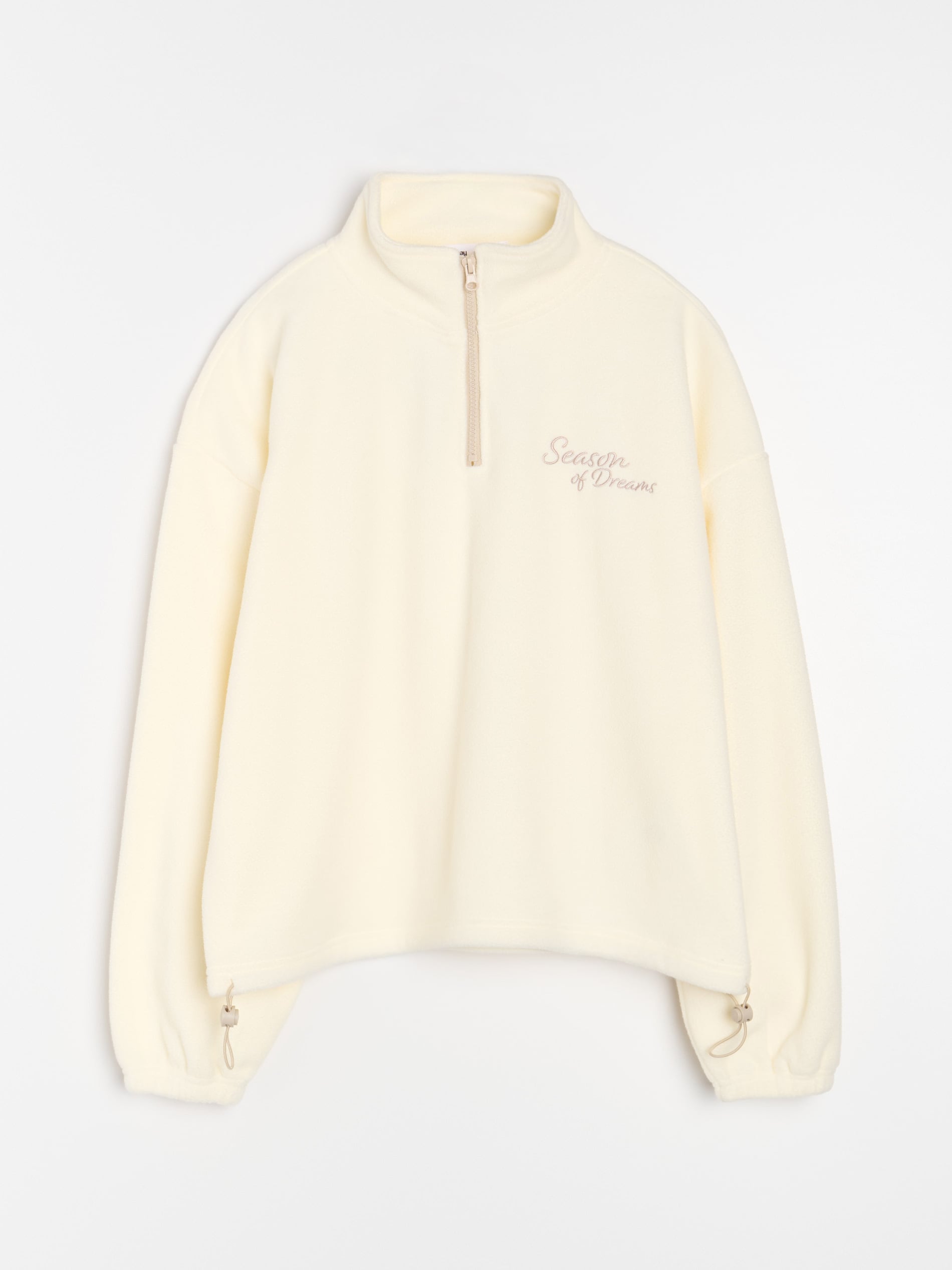 Sinsay - Polarowa bluza z krótkim zamkiem i regulowanym stoperami dołem - kremowy