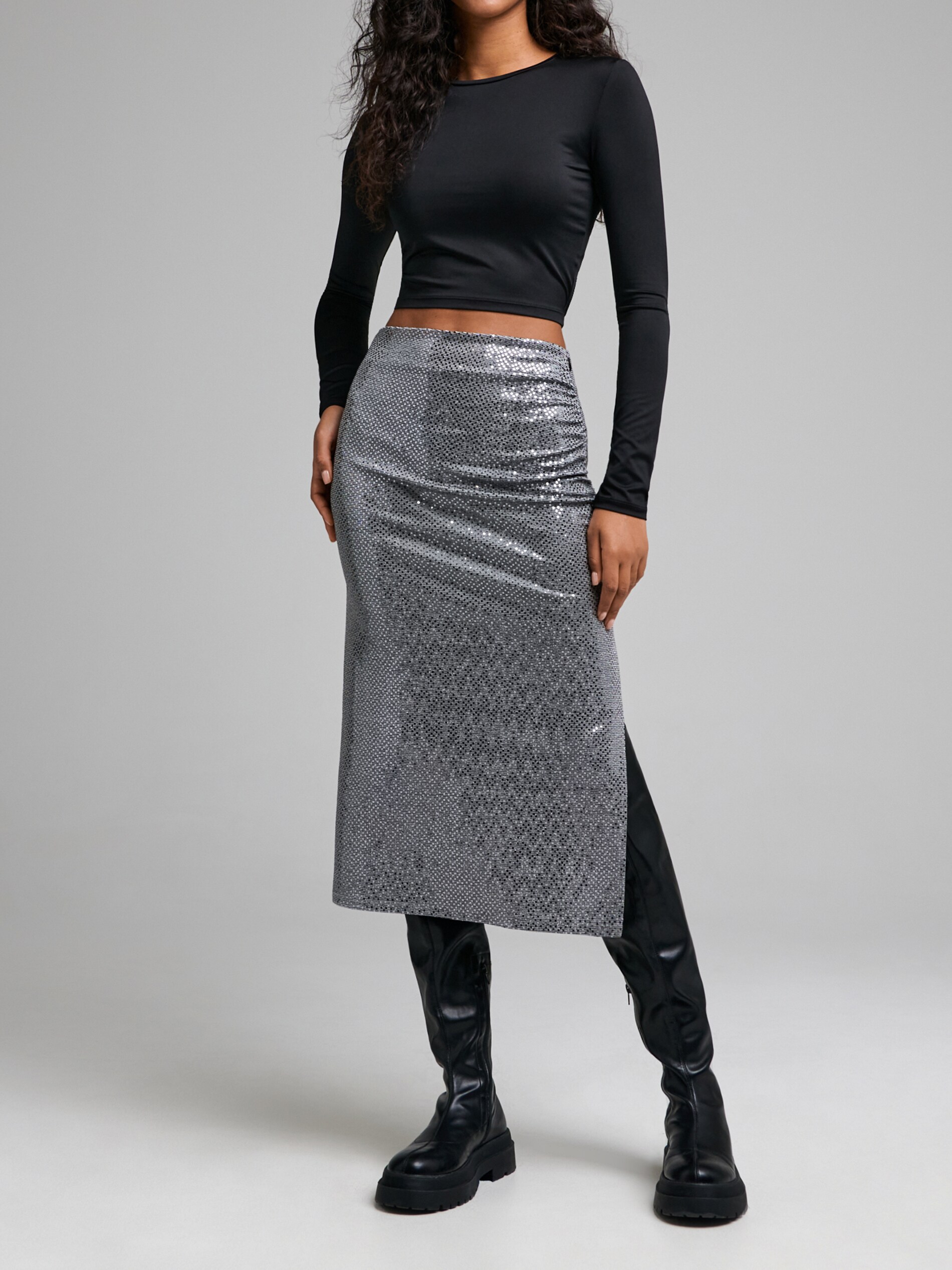 Sinsay - Μίντι φούστα με παγιέτες και σκίσιμο - ασημι φωτογραφία