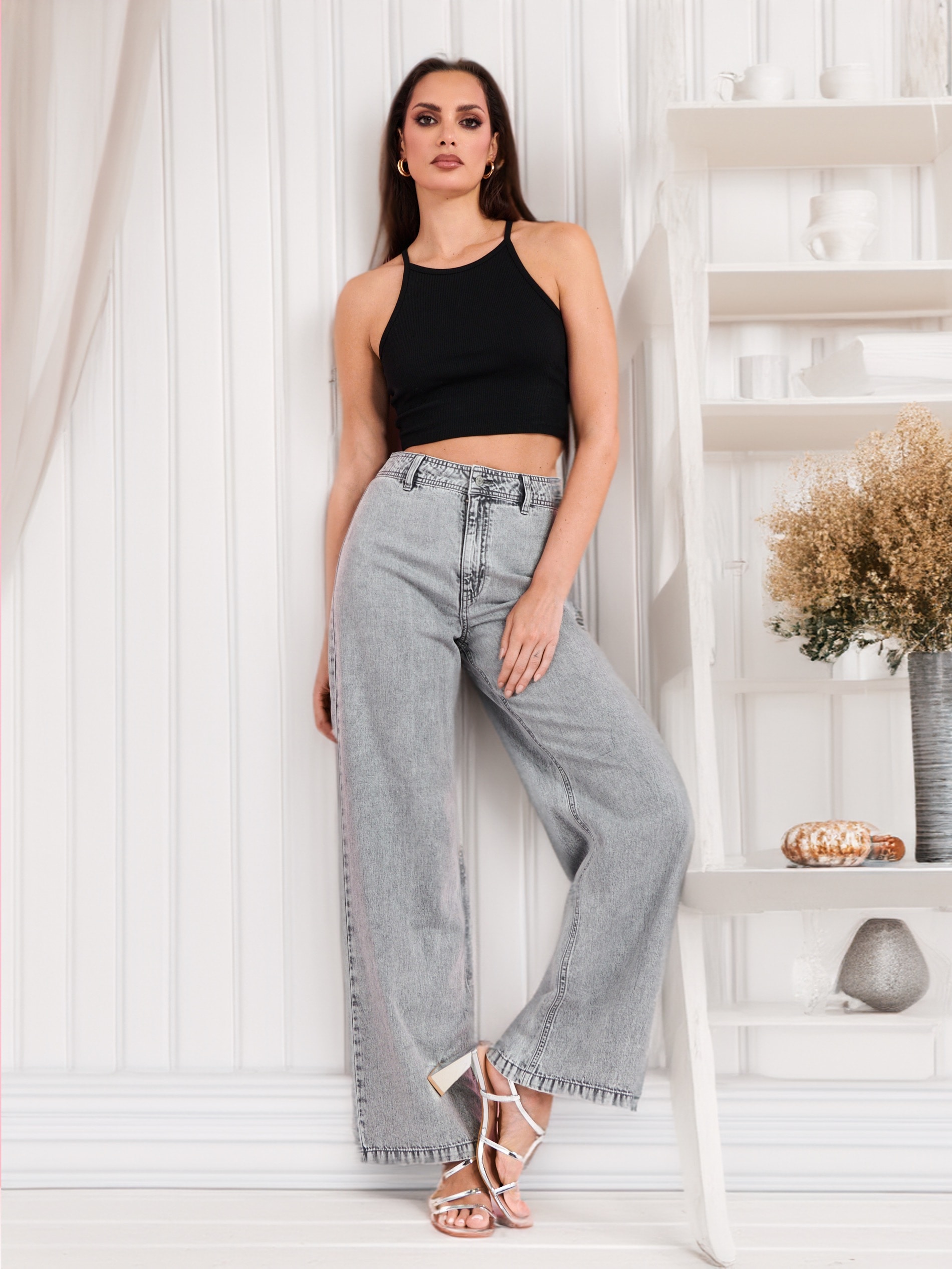 Sinsay - Rifle high waist wide leg - svetlošedá