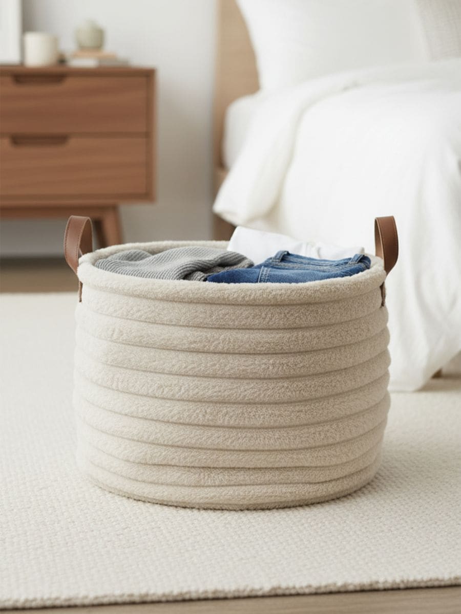 Okrogla košara za shranjevanje z ročaji iz umetnega usnja - nude - SINSAY