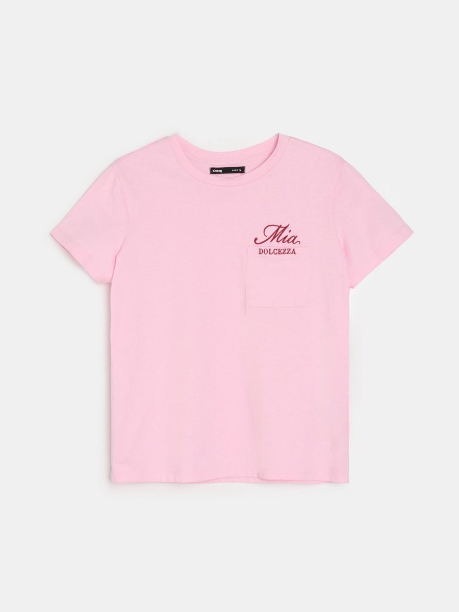 Бавовняна футболка з вишитим написом - бегонія - SINSAY