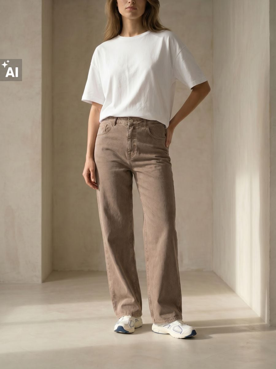 Comfort wide leg farmerke sa srednjim strukom - braon džins - SINSAY