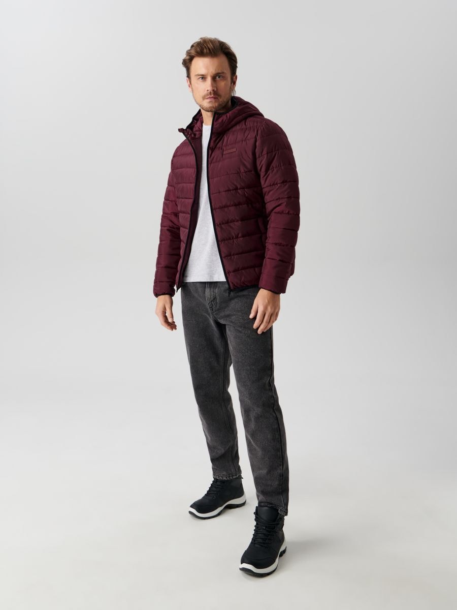 Quilted jacket with hood - maroon - SINSAY