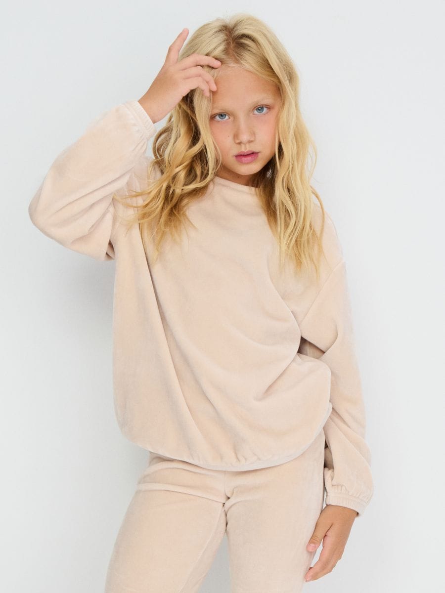 Велюровий світшот із круглим вирізом - бежевий - SINSAY