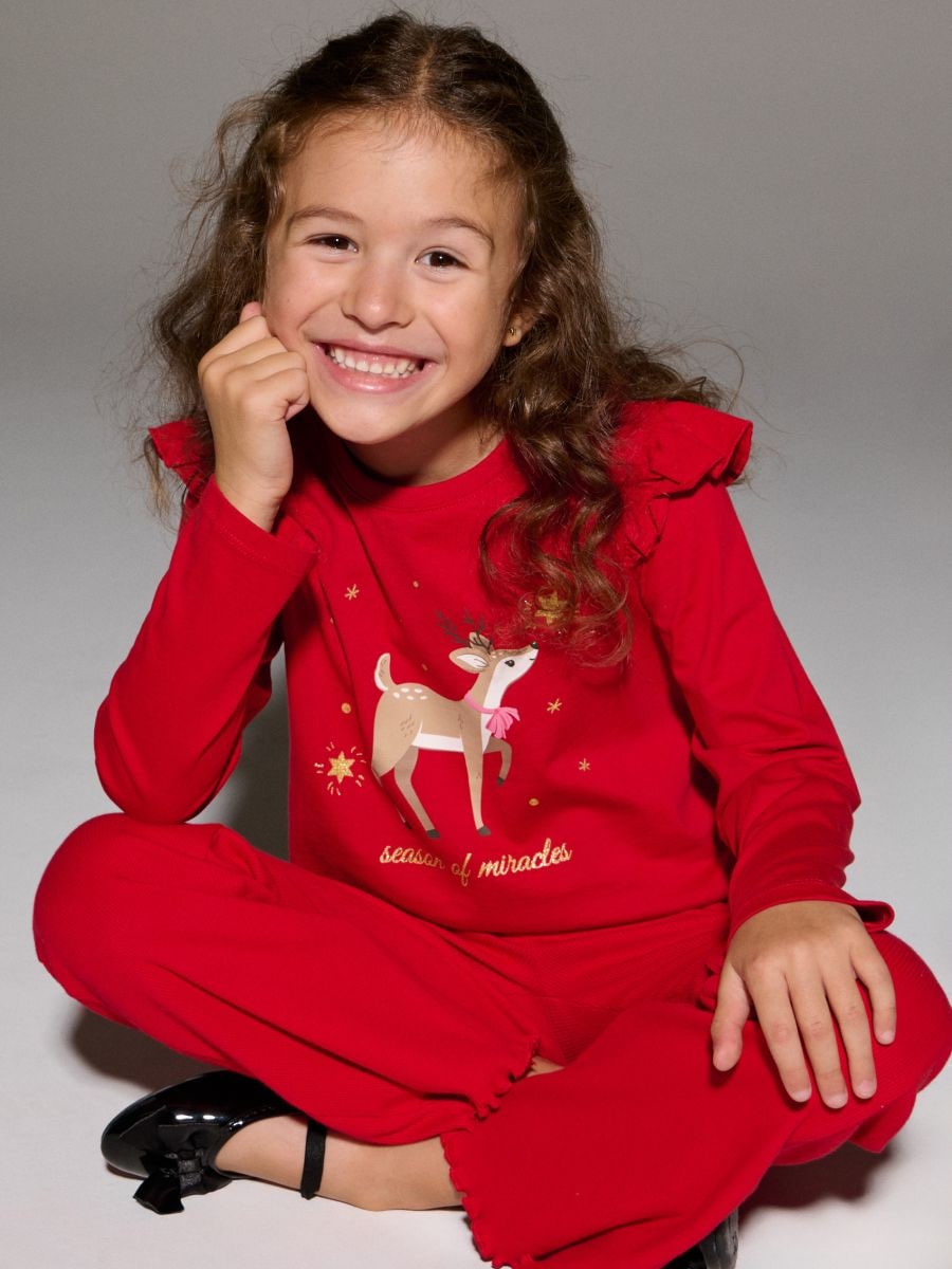 Bawełniana koszulka z nadrukiem świątecznym - czerwony - SINSAY