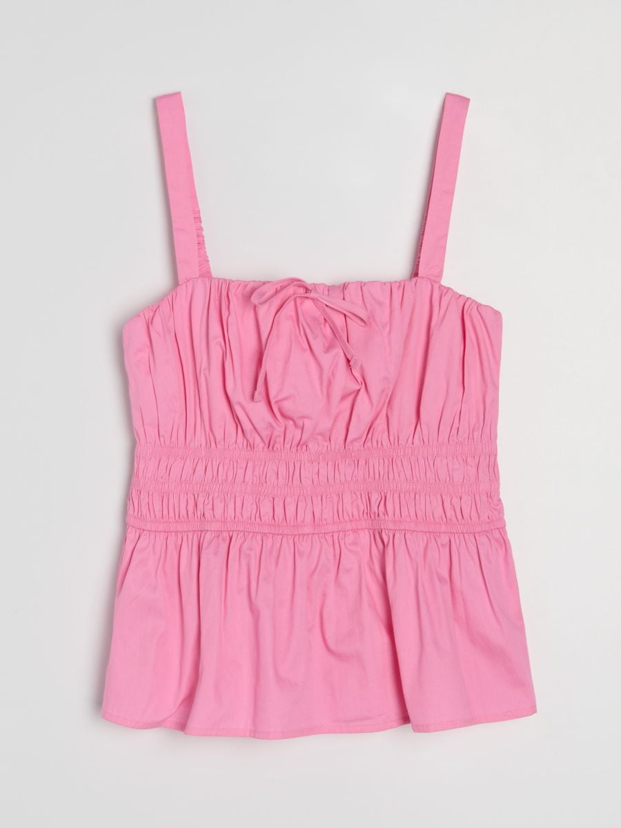 Бавовняний топ з драпіруванням - рожевий - SINSAY