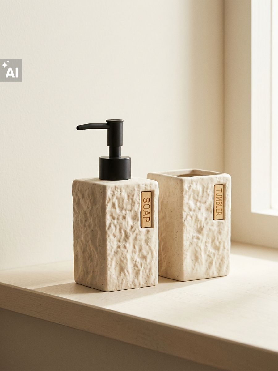 Ceramiczny zestaw łazienkowy: dozownik do mydła i kubek 2 pack Ceramiczny zestaw łazienkowy: dozownik do mydła i kubek 2 pack - beżowy - SINSAY