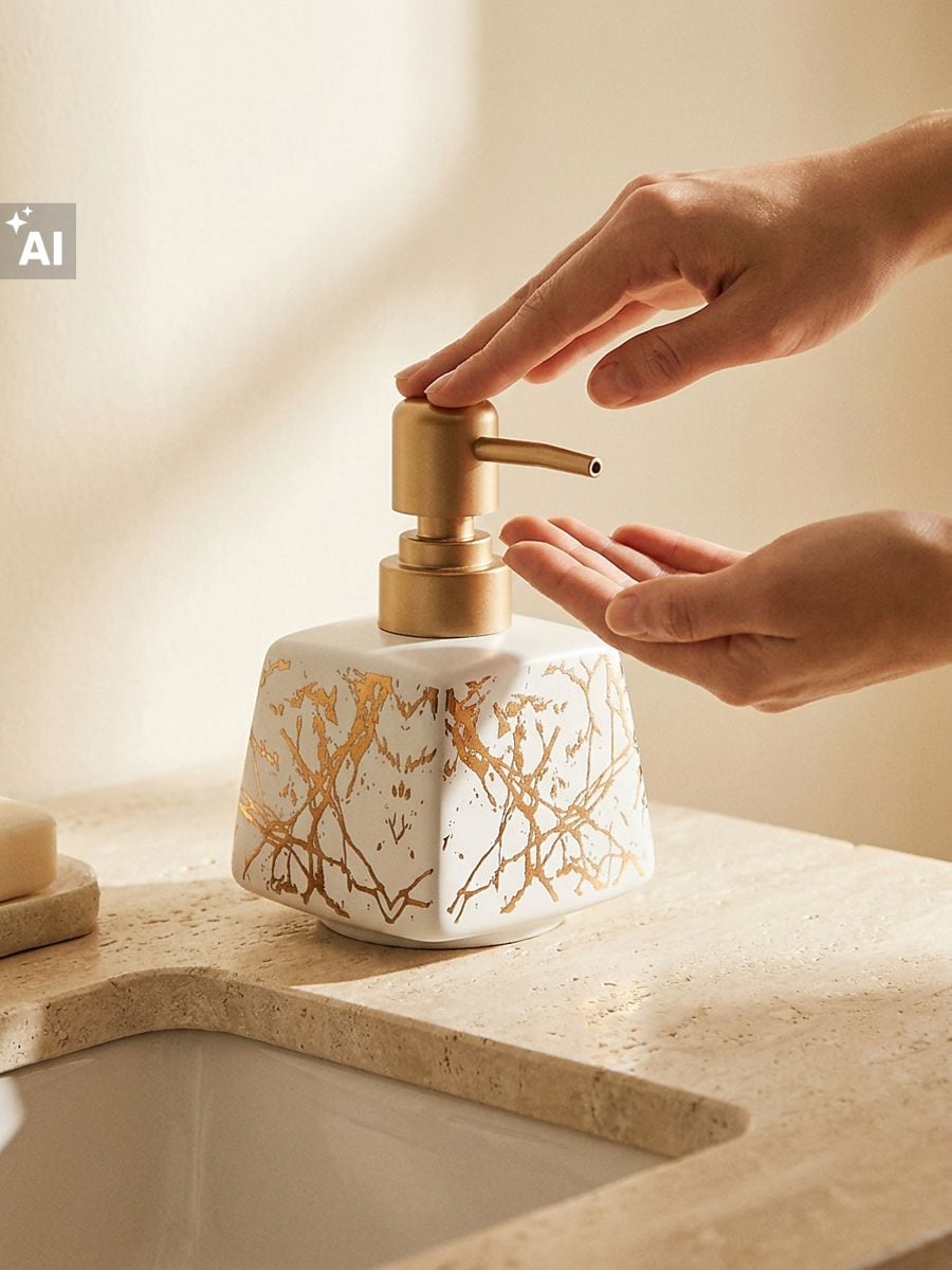 Ceramiczny dozownik do mydła ze złotym wzorem Ceramiczny dozownik do mydła ze złotym wzorem - beżowy - SINSAY