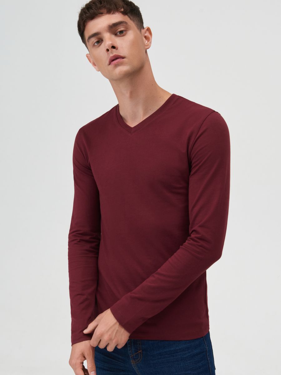 Slim fit V neck long sleeve T-shirt Color maroon - - 1305F-83X