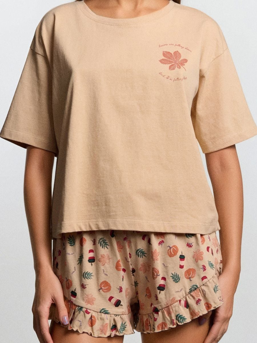 Dvodelna pamučna pidžama - breskva - SINSAY