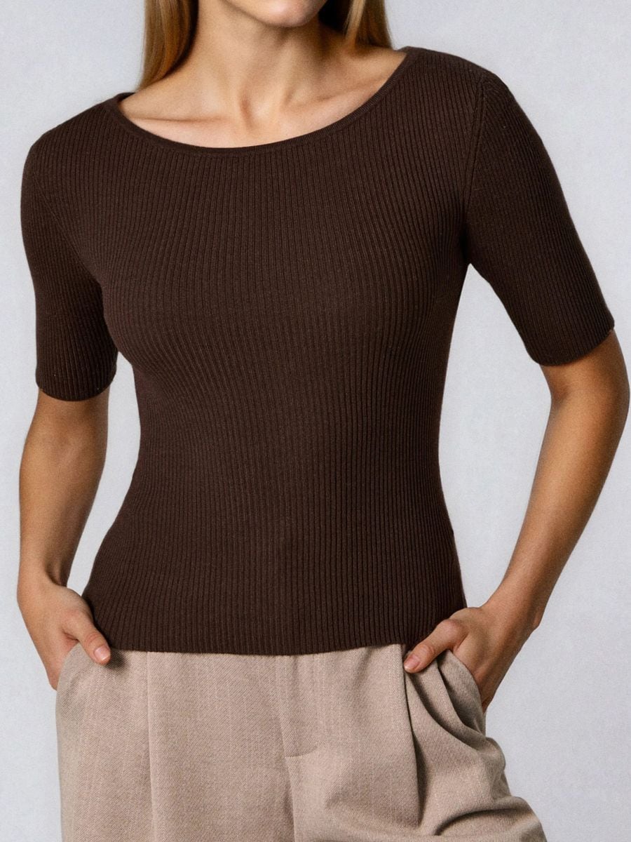 Pletena bluza s kratkim rukavima - smeđe - SINSAY