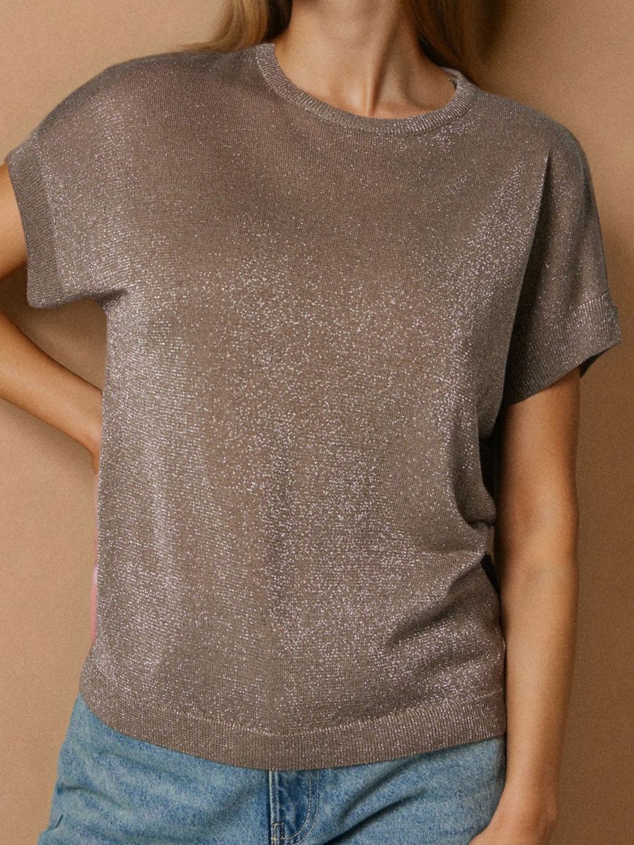 Strukturalna bluzka z krótkim rękawem - beżowy - SINSAY