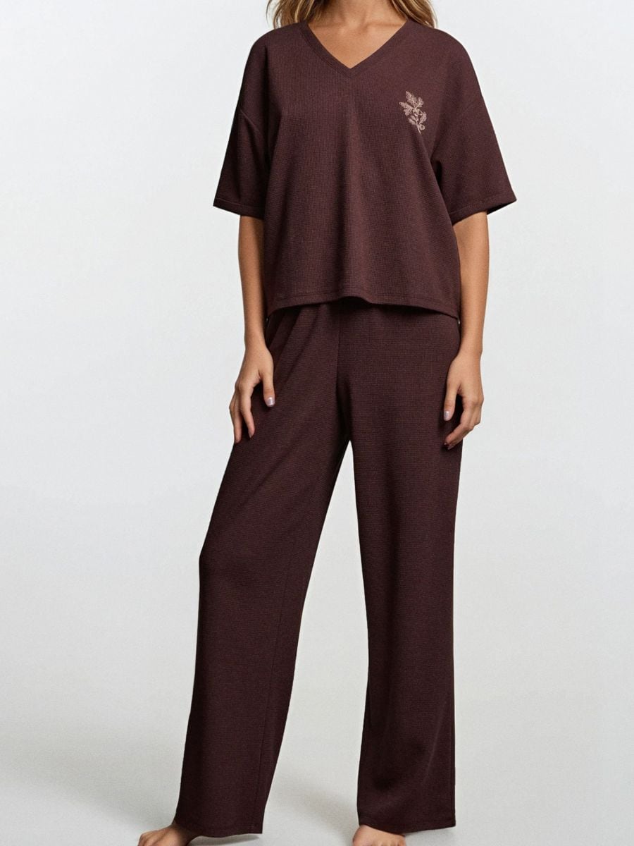 Dvodelna bombažna pižama - temno rjava - SINSAY
