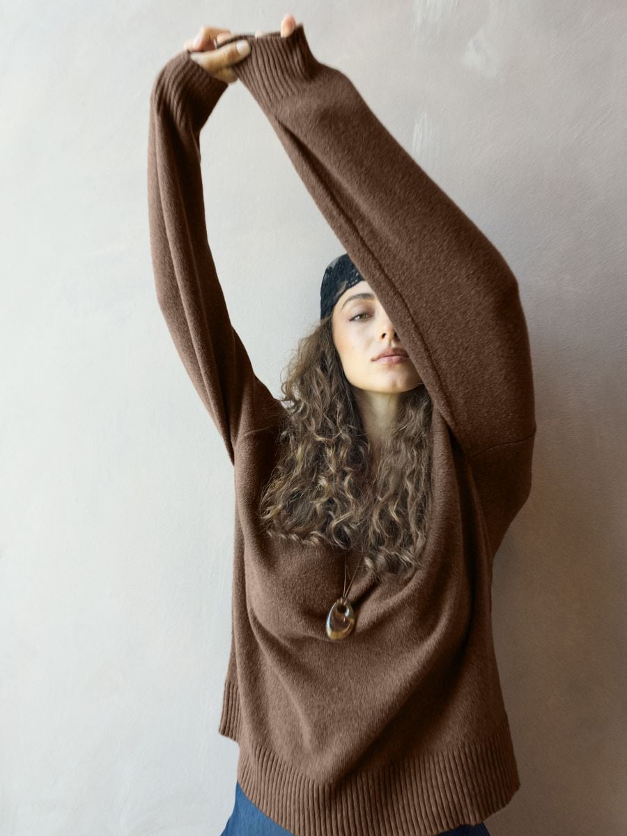 Sweter chunky z dekoltem V - brązowy - SINSAY