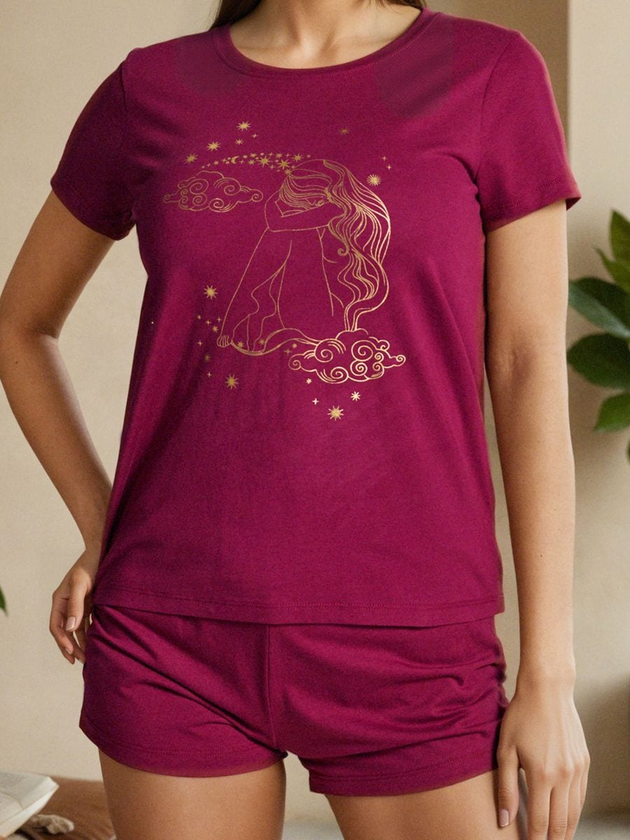 Bavlnená dvojdielna pyžama s potlačou - mahagónová - SINSAY