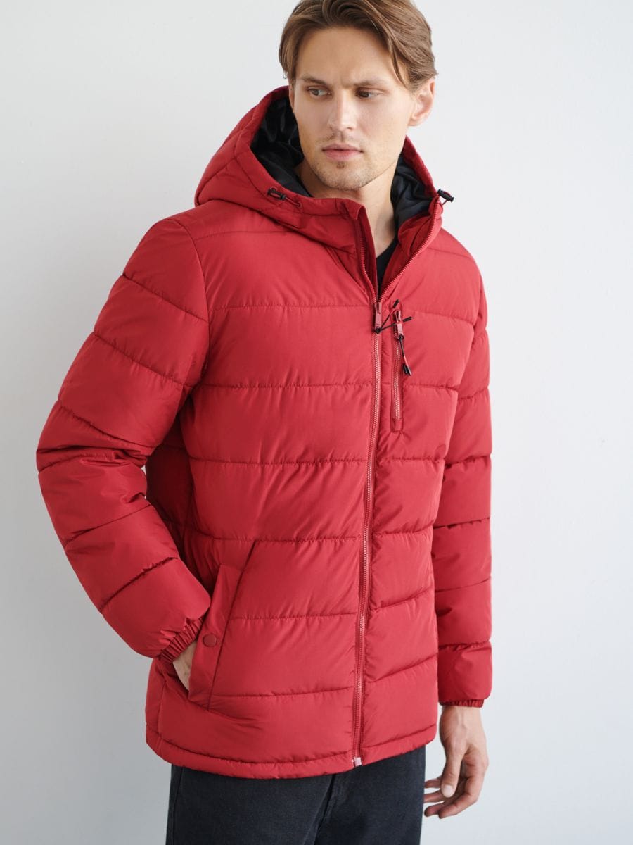 Puffer jacket with hood - red - SINSAY