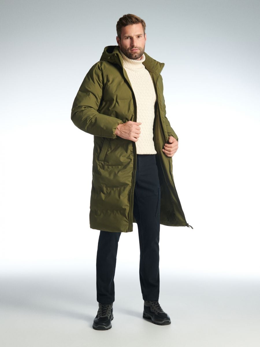 Prošívaný kabát s kapucí - khaki - SINSAY