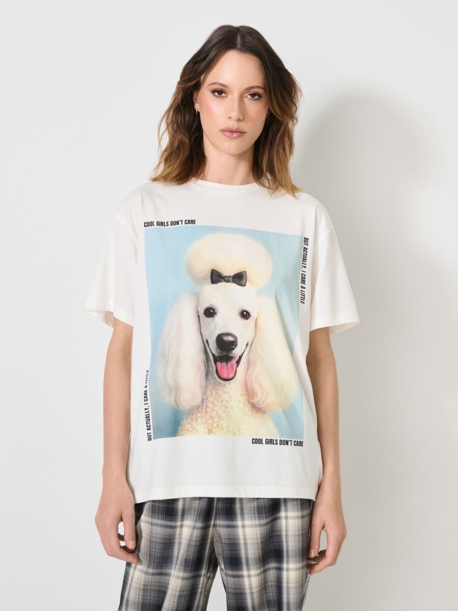 Tricou oversize din bumbac cu imprimeu - crem - SINSAY