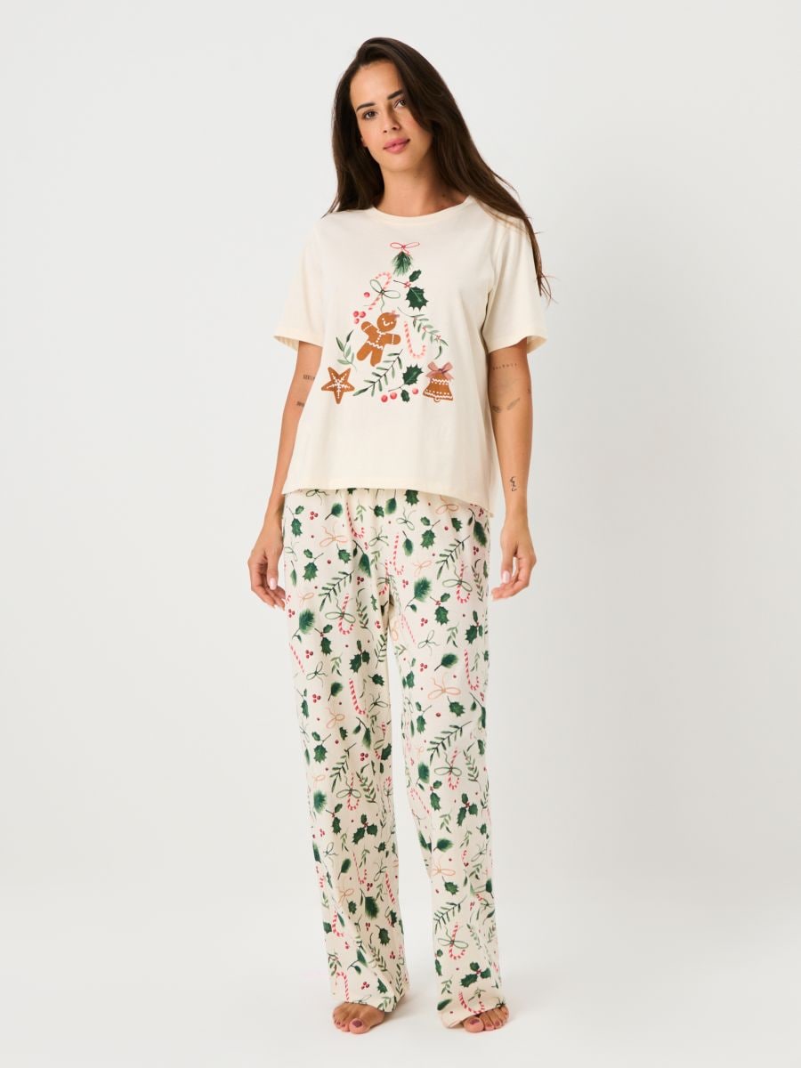 Pijama din bumbac în două piese cu imprimeu - crem - SINSAY