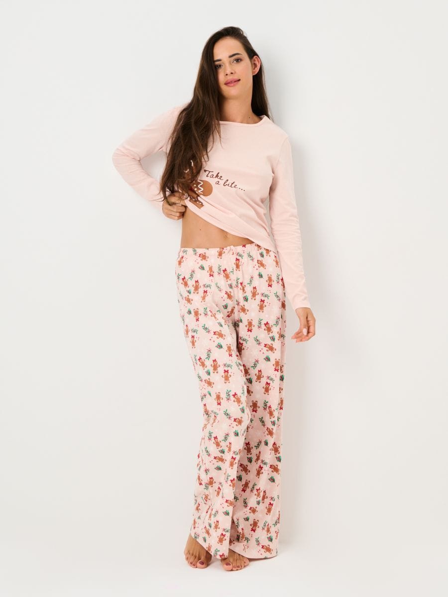 Pijama din bumbac în două piese cu imprimeu - galben-pal - SINSAY