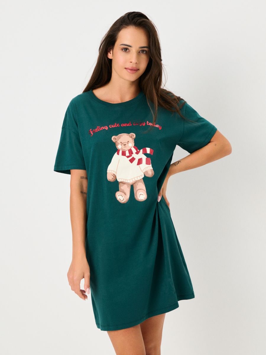 Medvilniniai naktiniai marškiniai su atspaudu - melsvai žalia - SINSAY