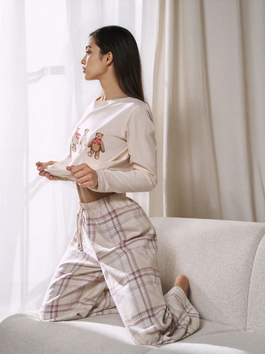 Bawełniana piżama dwuczęściowa z nadrukiem - kremowy - SINSAY