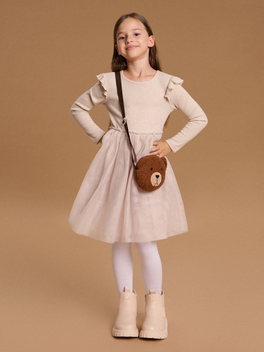 Prążkowana sukienka z tiulem - kremowy - SINSAY