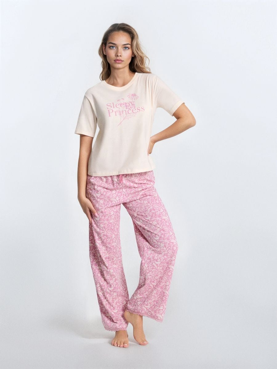 Pijamă din bumbac în două piese - crem - SINSAY