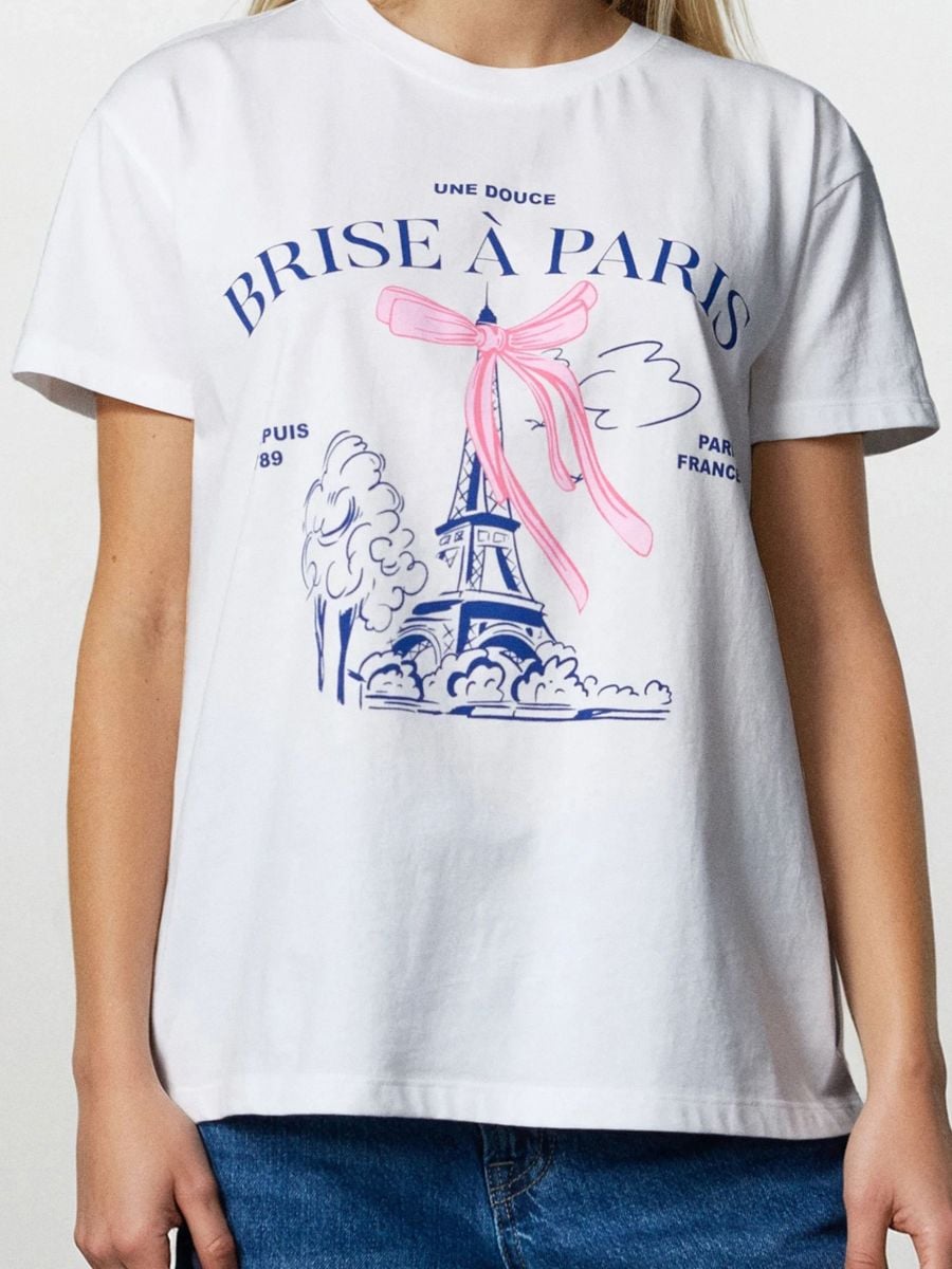 Bawełniana koszulka z krótkim rękawem - kremowy - SINSAY