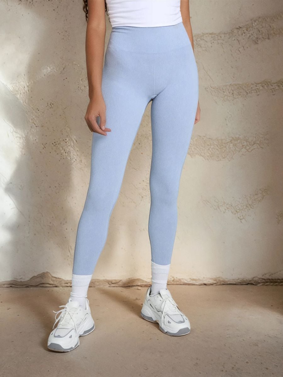 Legginsy high waist w prążek - niebieski - SINSAY