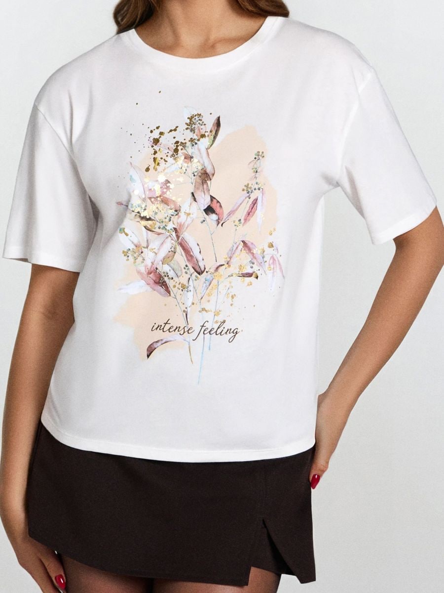 Bawełniana koszulka z nadrukiem - kremowy - SINSAY