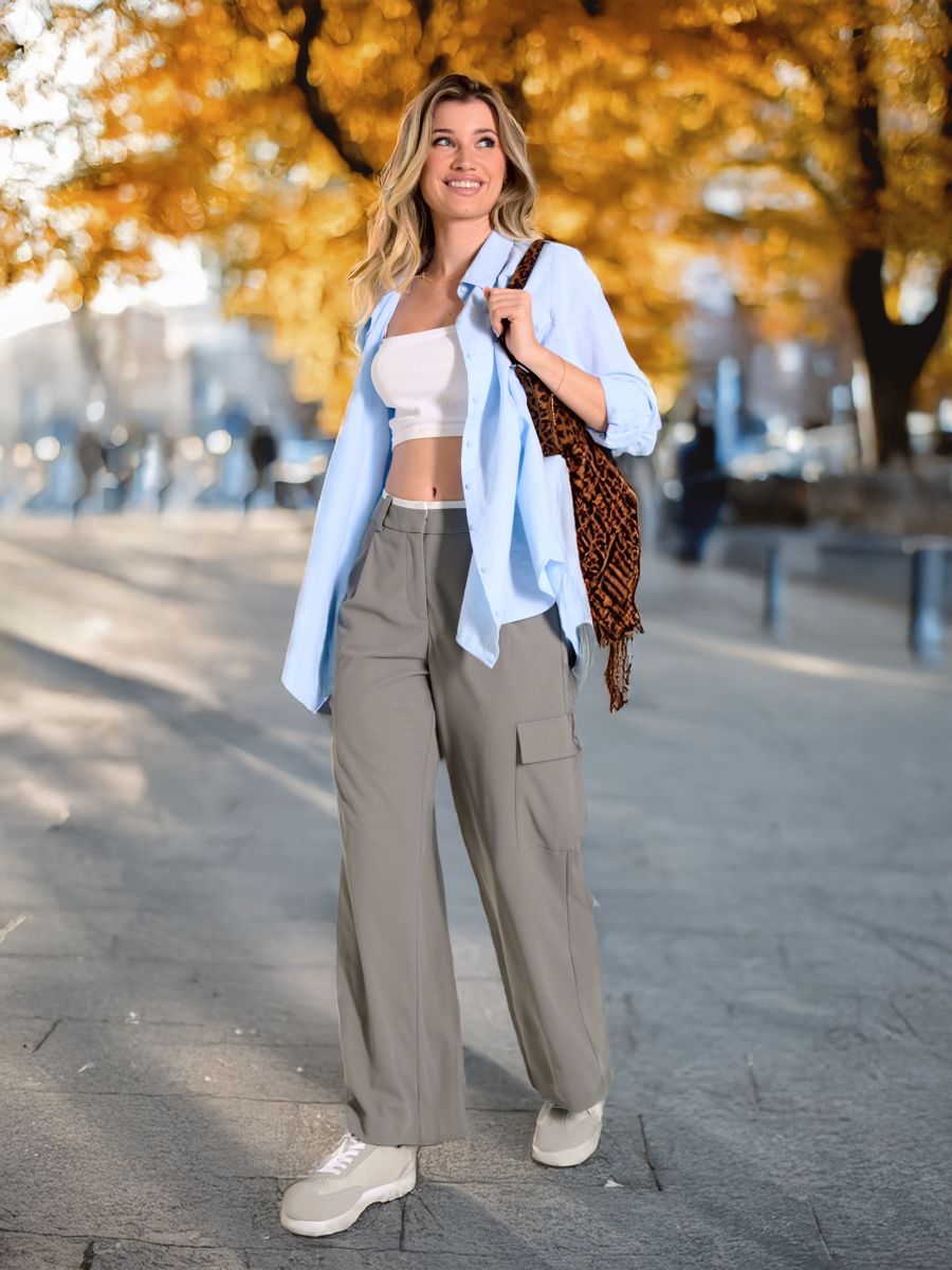 Spodnie wide leg cargo - szary - SINSAY