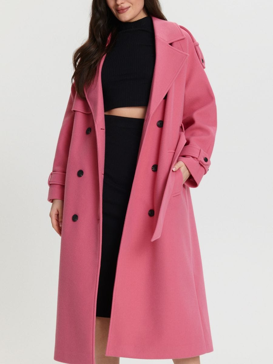Kabát so zaväzovacím opaskom - ružová - SINSAY